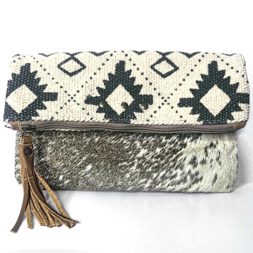 LAST ONE! Gorgeous Genuine Leather Cowhide Aztec Canvas Foldover Purse/Clutch